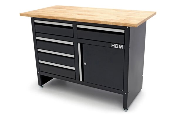 HBM 120 Cm Werkbank Met 5 Laden 1 Deur en Massief Houten Werkblad