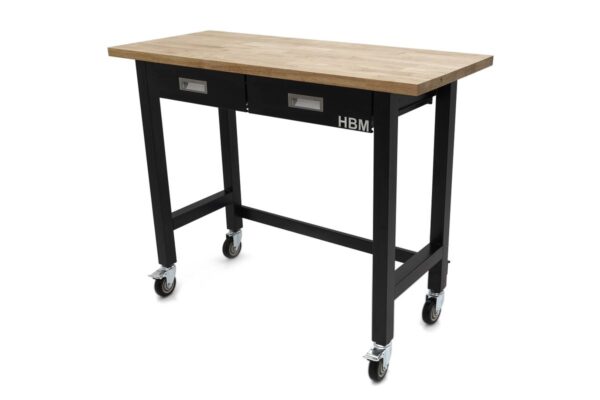 HBM Professionele 122 Cm. Verrijdbare Werkbank Met 2 Laden en Massief Houten Werkblad