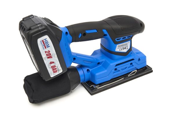 HBM Professionele 20 Volt 4,0AH Lion Vlakschuurmachine Inclusief 2 Lion Accu's en 15 Schuurvellen - Afbeelding 3