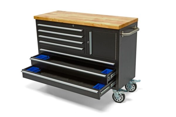 HBM verrijdbare gereedschapswagen, werkbank met houten werkblad 122 cm, zwart - Afbeelding 2